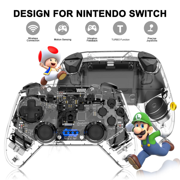 Spelkontroll för PC/Switch/Tesla modell 3/y/x/s, Transparent LED-bakgrundsbelysning, Stöd för dubbla motorer och dubbla vibrationsfunktioner (transparent svart)