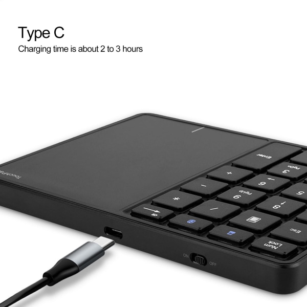 Trådløst numerisk tastatur 2.4G Ergonomisk 7.5 graders vinkel 10m modtagelse Type C port 22 taster nummertastatur med touchpad sort