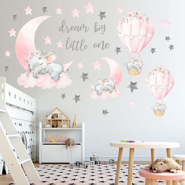 Dream Big Little One Elephant Wall Stickers, Pink Moon Hot Air Balloon Grey Stars Wall Decals for Nursery Kids Room Living Room Bedroom Decorations