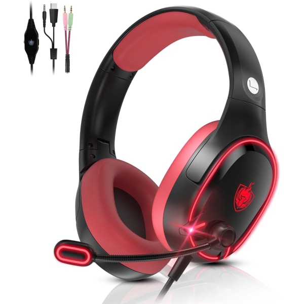 H-8 PC Gaming Headset for PS4, PS5, Controller, Xbox One Headset med stereolyd, Over Ear-hodetelefoner med støydempende mikrofon, LED-lys, volum Red