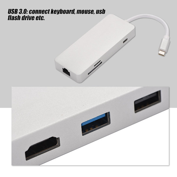 Typ-C-hubb Typ-C till HDMI + USB3.0 + USB2.0 + RJ45 + TF/SD + PD-dockningsstation