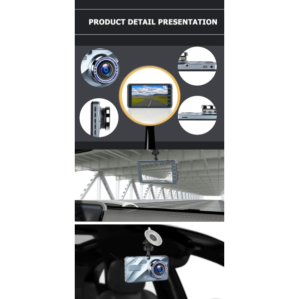 4\" Dash Cam til bil for og bag med 32G TF-kort, 1080P FHD DVR-bilkamerasystem med Super Night Vision, G-sensor, WDR, parkeringsmonitor, loop-optagelse Black