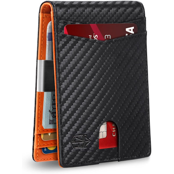 Slank tegnebog til mænd Gaver 12 kortpladser ID-vindue med pengeseddelklemme Minimalistisk RFID Frontlomme Bifold Læder Lille tynd gaveæske Far fødselsdag Chris Carbon Black and Orange