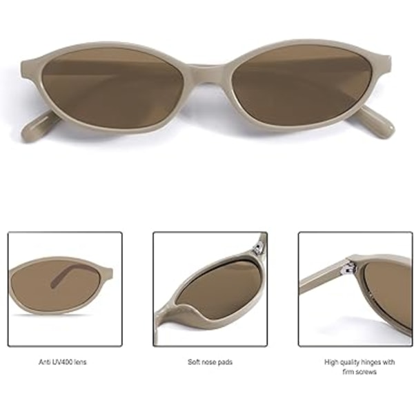 Retro soikeat aurinkolasit naisille, tyylikkäät kissansilmälasit 90-luvulta, kevyet kapeat sävyt, trendikkäät UV-suoja aurinkolasit Khaki Frame - Brown Lens