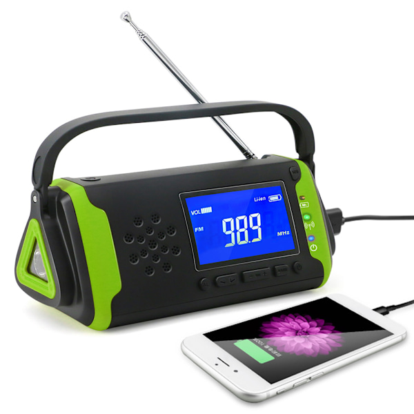 MD‑097 Solardriven handvev FM väderradio utomhus nödladdare med ficklampa grönJP  version