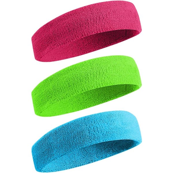 3 st svettband sport pannband för män och kvinnor - fukttransporterande atletisk bomullstyg svettband för tennis, basket, löpning, gym, träning Rose Red/Green/LT Blue