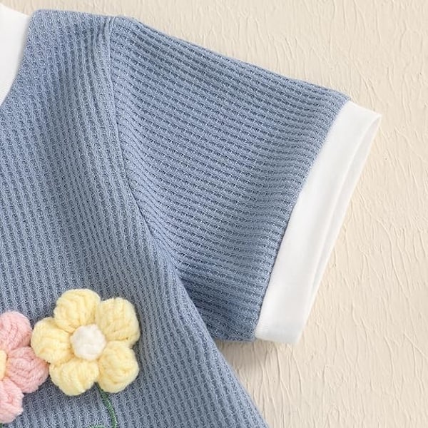Sommarkläder för små flickor, våfflad topp med 3D-blommor, kortärmad, shorts med resår i midjan, söta babykläder blue 3-4Y