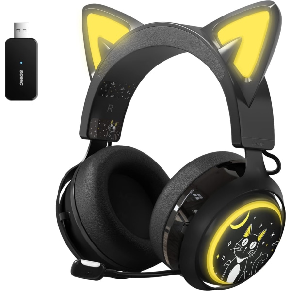 GS510 Cat Ear Headset trådløse gaming-hovedtelefoner til PS5/ PS4/ PC, søde headset 2.4G med tilbagetrækkelig mikrofon, 7.1 stereolyd, 8 timers spilletid, RGB-lys Black
