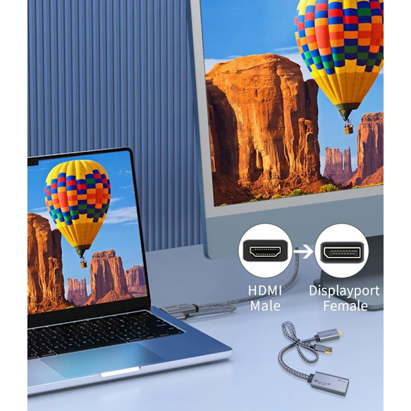 HDMI til Displayport Adapter 4K@60Hz, 2K@120Hz, 1080P@165Hz, HDMI (Kilde) Han til DisplayPort (Skærm) Hun Kabel med USB-strøm 20cm/0.65ft