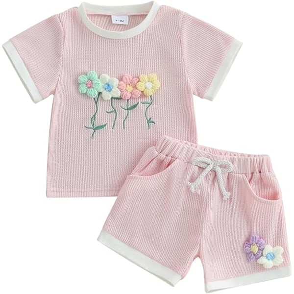 Sommarkläder för små flickor, våfflad topp med 3D-blommor, kortärmad, shorts med resår i midjan, söta babykläder pink 18-24M