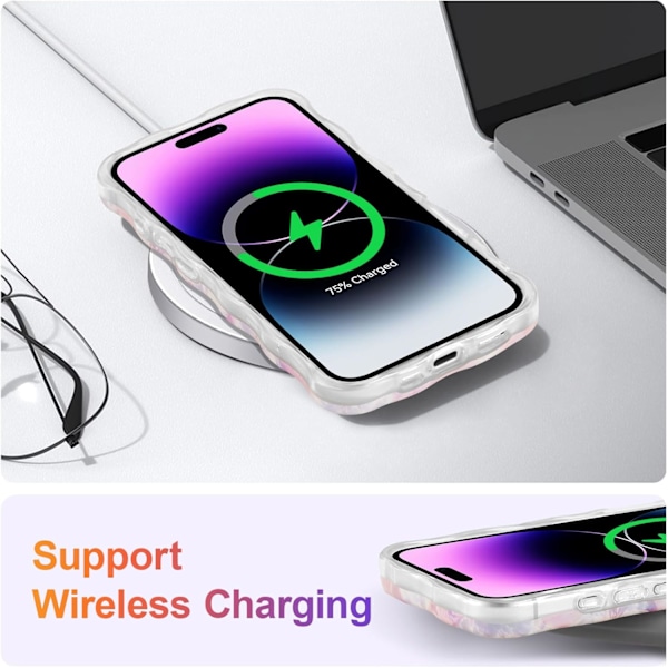 Deksel til iPhone 16plus, Fargerik Retro 0iI Maleri Trykt Blomst Laser Glanset Mønster Søt Krøllete Bølgekant Utsøkt Stilig Dura Light Pink