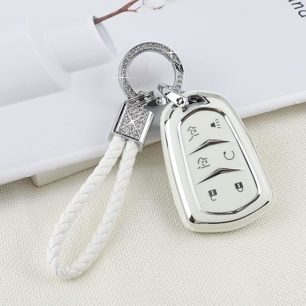 Escalade nyckelringsskydd för Cadillac 6 knappar Smart Keys fodral Proector tillbehör TPU mjuk Bling nyckelring vit silver Girly söt för Cadillac