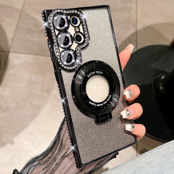 Samsung Galaxy S25 Ultra Magneettinen Jalusta Glitter Kuori, [Yhteensopiva Magsafen Kanssa] Söpö Kimalteleva Timantti Strassi Cameella Black
