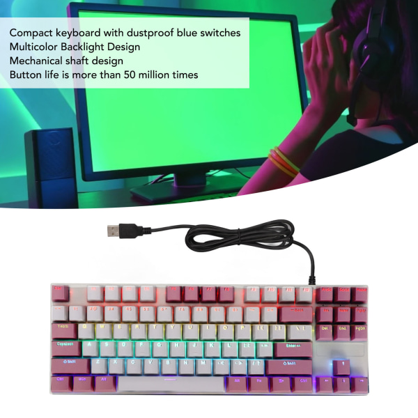 Mekanisk tastatur 87 taster Blå bryter Ergonomisk flerfarget bakgrunnsbelysning Design Gaming tastatur for spillere Skrivere Rosa Hvit