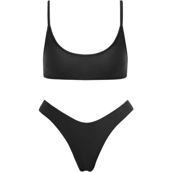 WJSM Dam Triangle Bikini Smocked Textured Scoop Frilled Print Ruched Elastic Baddräkt Tvådelad Baddräkt Black S