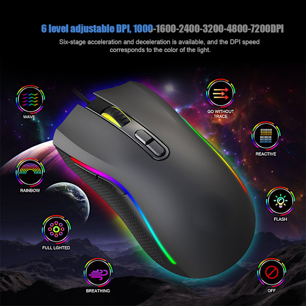 HXSJ A869RGB LED-lys 7200DPl USB Plug and Play Mekanisk Makro Defineret Gaming Mus