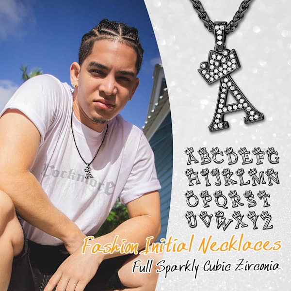 Krona Initial A-Z Halsband, Iced Out Letter Hänge med 22-24 Tums Kedja, Män Kvinnor Bling Hip Hop Alfabet Namn Smycken Present Stora Initialer Halsband A Black