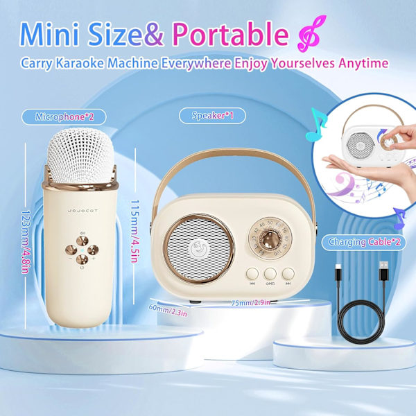 Gul Mini Karaoke-maskin för barn, bärbar Bluetooth-högtalare med 2 trådlösa mikrofoner, retrohögtalarset stereoljud förbättrat