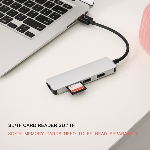 USB3.0 til USB3.0*3 Splitter Adapter 5Gbps 3.0 Splitter Adapter Converter TF/SD Converter Sølv