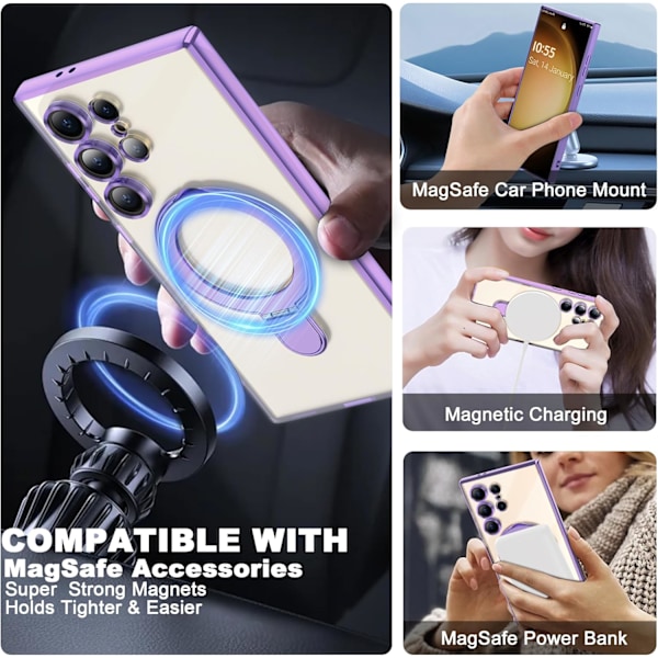 Samsung Galaxy S24 Ultra 6.9 Kotelo Magneettisella Rengastelineellä [Yhteensopiva Mag-Safe kanssa] [Täysi Kameran Linssinsuoja] Pinnoitettu Kirkas Pho Light Purple