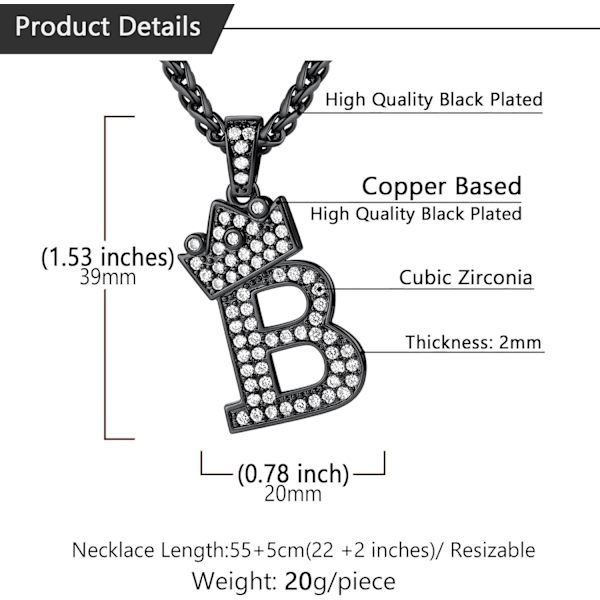 Krone Initial A-Z Halskæde, Iced Out Bogstav Vedhæng med 22-24 Tommer Kæde, Mænd Kvinder Bling Hip Hop Alfabet Navn Smykker Gave Store Initialer Halskæder B Black