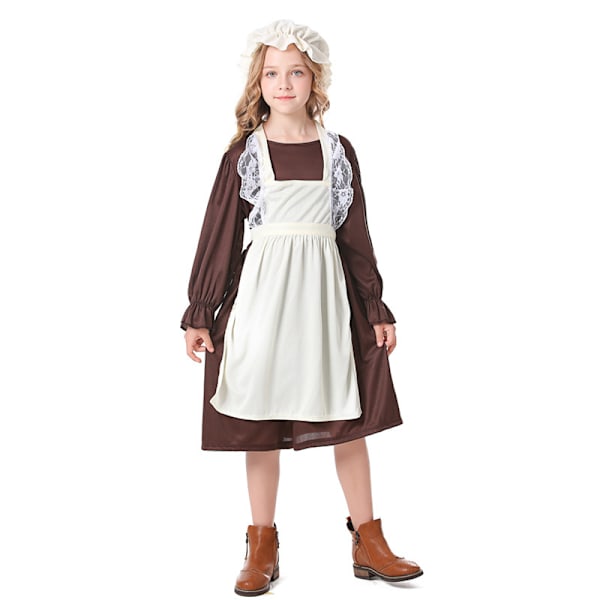 Aomig Victorian Maid -asu tytöille, viktoriaaninen kylä -aikakauden mekko moppihatulla ja valkoisilla sukilla, lasten viktoriaaninen köyhän tytön asu M