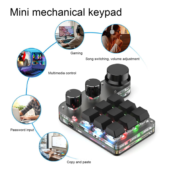 Mini Anpassad Tangentbord 9 Tangenter 3 Knoppar Programmerbar RGB Bakgrundsbelyst Programmering Makro Tangentbord för Dator Spel Programvara Black