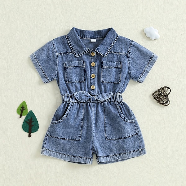 Sommar Toddler Flick Jumpsuit Shorts Liten Flicka Overaller Kläder Baby Jean Romper Jumpsuit En Del Outfit 3-4Y