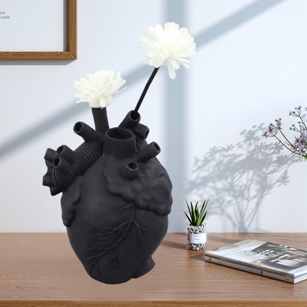 Kreative anatomiske hjertevaser harpiks skulptur hjerteformet kunst blomster vaser skrivebord hjem dekoration til stue Black