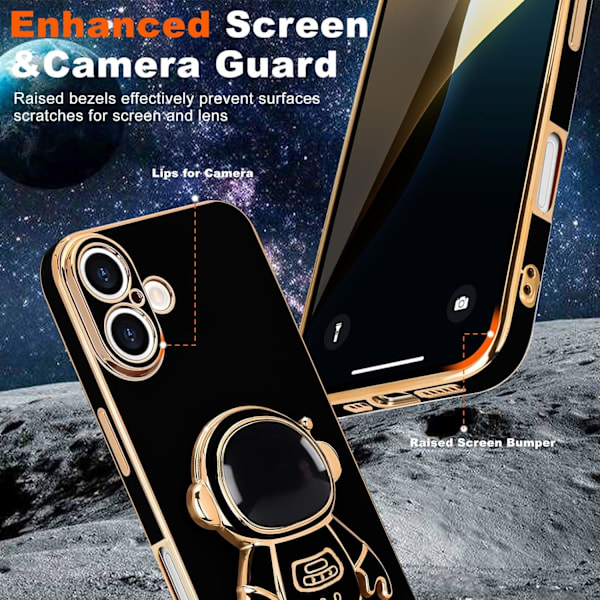 iPhone 16 Plus -kuori, Söpö 3D Astronautti Jalusta [2 Näytönsuojaa] [Kameran Suojaus] Tukijalka Iskunkestävä Bling Silikoni S black
