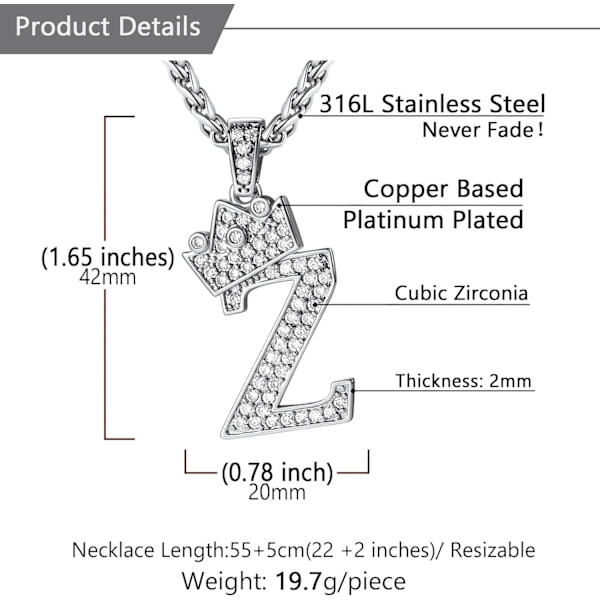 Krona Initial A-Z Halsband, Iced Out Bokstavshänge med 22-24 Tums Kedja, Män Kvinnor Bling Hip Hop Alfabet Namnsmycken Present Stora Initialer Halsband Z Silver