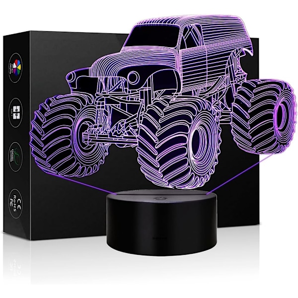 3D Illusions LED-lampe for barn Monster Truck med 7 farger berøringssensor bordlampe, for hjemmekontor barnerom tema Monster Trucks dekorasjon