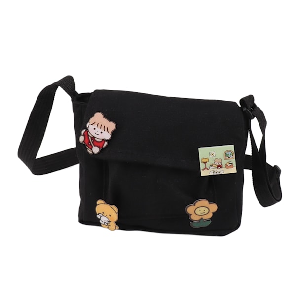 Sød Canvas Messenger Taske med 4 Pins Yndig Stil Multi Lommer All Match Skulder Messenger Taske til Kvinder  Canvas Black