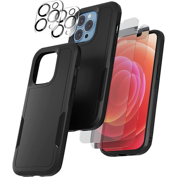 [5 i 1] Stötsäker skyddande skal för iPhone 14 Promax med 2-pack skärmskydd i härdat glas + 2-pack kameralinsskydd