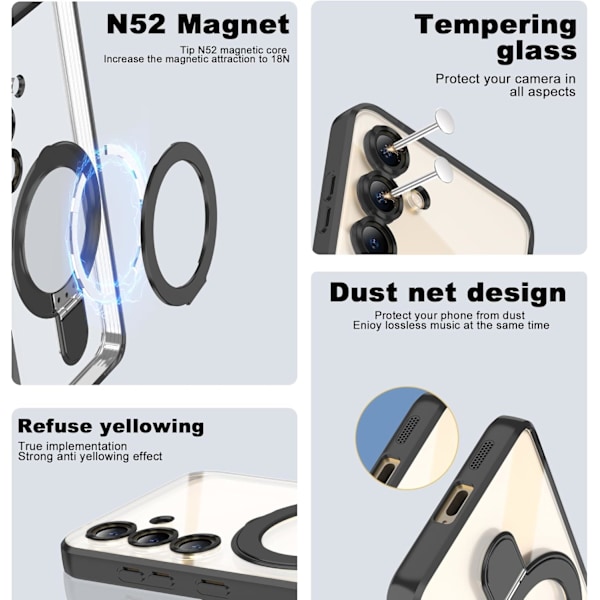 Samsung Galaxy S25 6.2 Kotelo magneettisella rengastelineellä [Yhteensopiva Mag-Safe kanssa] [Täysi kameran linssinsuoja] Pinnoitettu kirkas puhelinkotelo Black