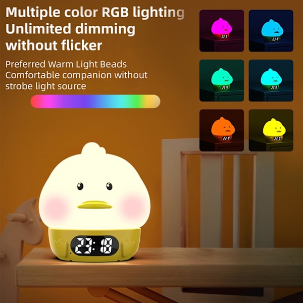 Väckarklocka med Ljus för Barn - Anka Nattledslampa, Temperaturvisning, RGB Färgbyte, Väckarklocka, Laddningsbar Touchlampa för Amning