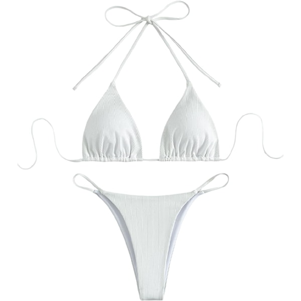 WJSM Dam Halter Tie Side Triangle Bikini Set Hög Skuren 2 Delad Bikini Baddräkt Ribbed White M