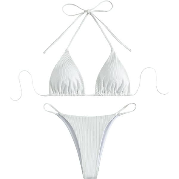 WJSM Dame Halterneck Tie Side Triangle Bikini Set Høy Snit 2 Delers Bikini Badetøy Ribbed White M