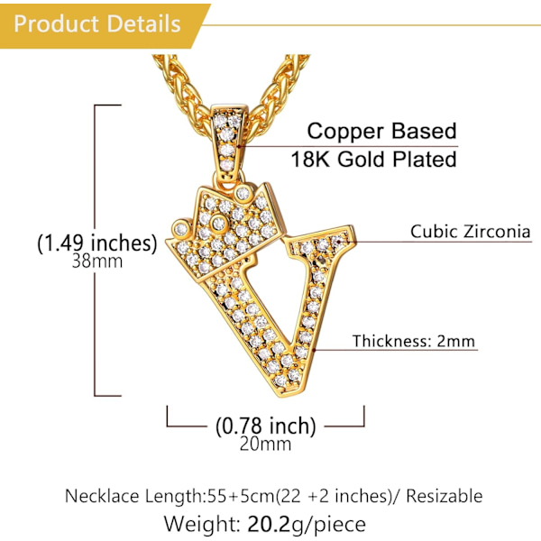 Krone Initial A-Z Halskæde, Iced Out Bogstav Vedhæng med 22-24 Tommer Kæde, Mænd Kvinder Bling Hip Hop Alfabet Navn Smykker Gave Store Initialer Halskæder V 18K Gold