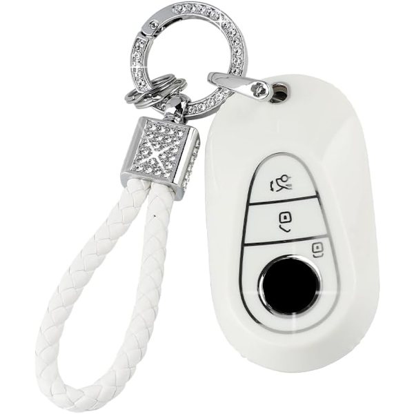 PIFOOG Nyckelskydd för Benz Bling Nyckelring 3 Knappar TPU Nycklar Fob Fodral Skydd Tillbehör för 2021-2022Benz S C SL Klass Girly Kvinnor Vit Silver
