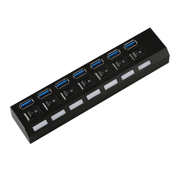 Extern USB 3.0-hub med 7 portar, hög hastighet, på/av-switch, splitter för MAC, svart