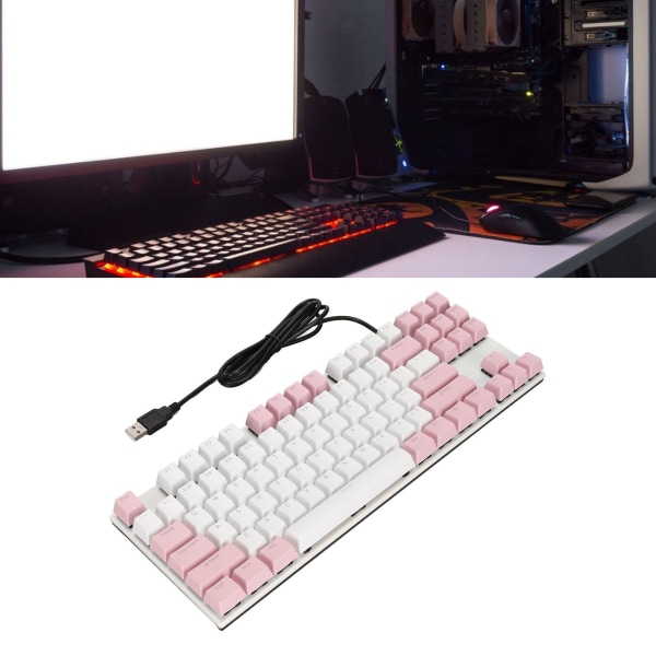 Mekanisk tastatur 87 taster blå switch ergonomisk flerfarvet baggrundsbelysning design gaming tastatur til gamere maskinskrivere pink hvid