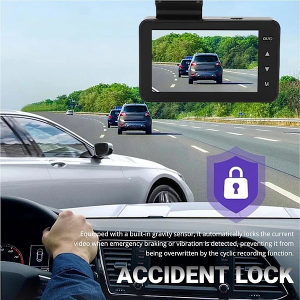 Mini Dash Cam för fram och bak, 3 tum IPS-skärm HD, rörelsedetektering, nattseende, WDR, olyckslås, loopinspelning, parkeringsövervakning