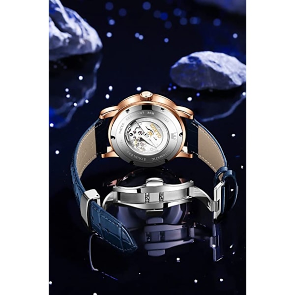 Stjernehimmel Månefase Herreure Automatiske Mekaniske Ure Blåt Læder Luksus Kjole Vandtætte Lysende Armbåndsure