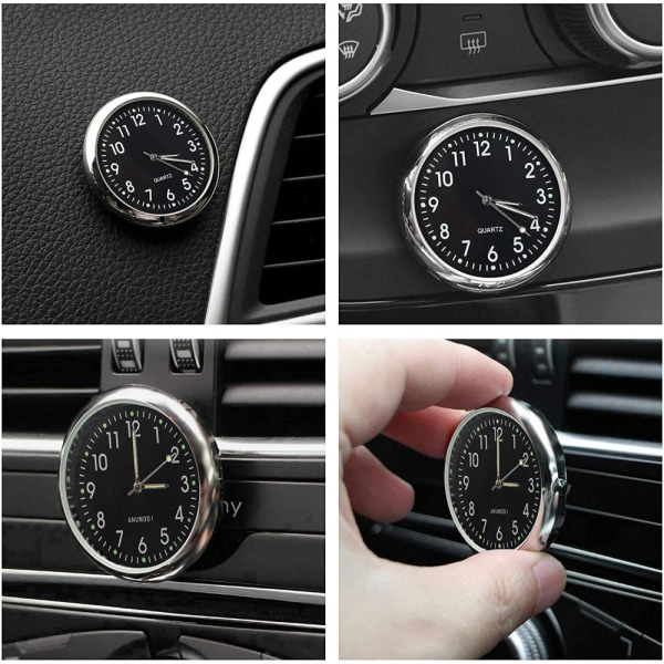 Bilur, Mini Kvarts Analog Bil Dashboard Tid Luftventilations Klistermærke Ur, Universal og Lysende (Sort)