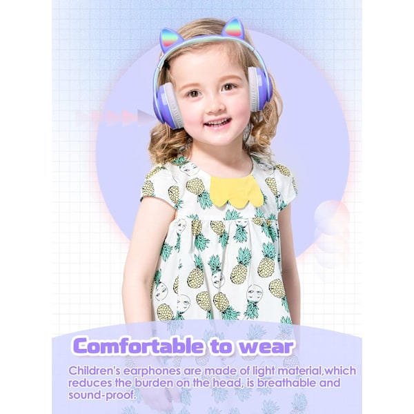 Bluetooth-hörlurar för barn, söta öron kattöron LED-ljus upp fällbara hörlurar Stereo Over Ear med mikrofon/TF-kort trådlösa hörlurar för iPho Blue