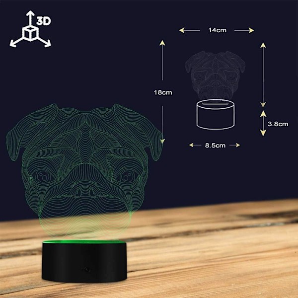 3D Söt Fransk Bulldog & Pug Form Nyhet Bordlampa LED Nattlampa Heminredning Husdjur Hund Valp Djur 3D Optisk Illusion Ljus