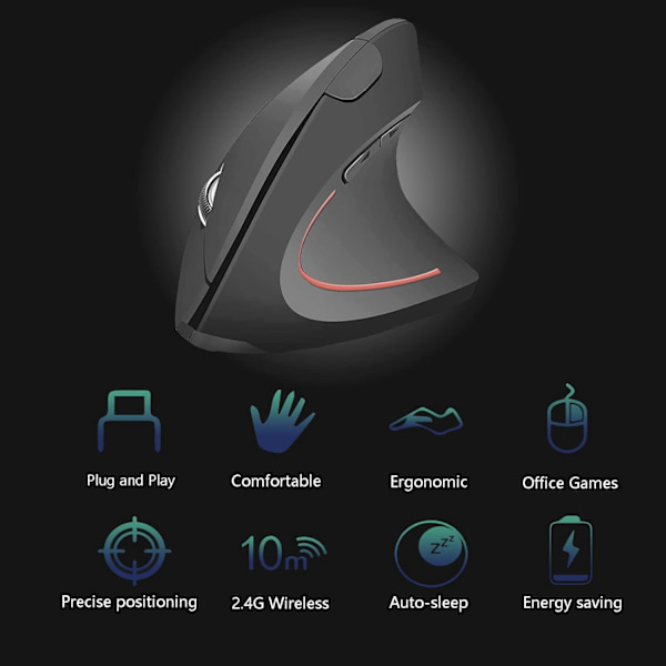 Trådløs Mus, 2.4G Trådløs Vertikal Mus Ergonomisk Mus med 3 Justerbare DPI 800/1200/1600, 6 Knapper, Kompatibel med PC, Desktop
