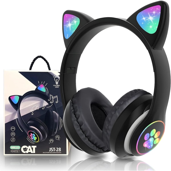 Bluetooth-hovedtelefoner til børn, søde øre kat øre LED lys op foldbare hovedtelefoner Stereo over øre med mikrofon/TF kort trådløs hovedtelefon til iPho Black