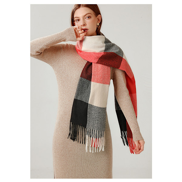 Dametørklæder Vinter Lang Blød Varm Tartan Check Wraps Uld Spinning Kvast Sjal Stjalet Tørklæde Damer, Rød og Sort